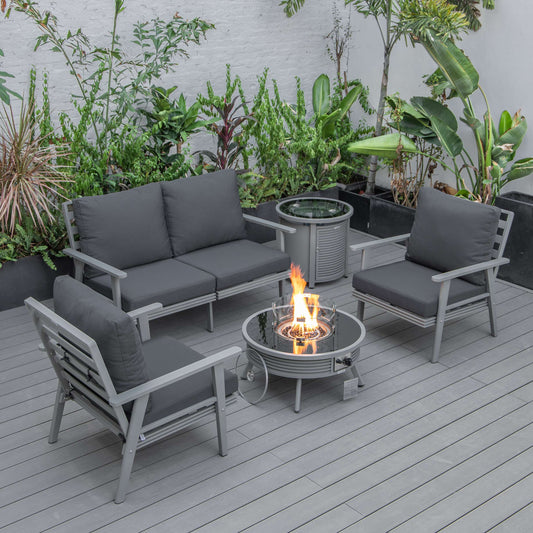 LeisureMod Walbrooke Modern Grey Patio Conversation With Round Fire Pit With Slats Design & Tank Holder | Outdoor Sofas, Loveseats & Sectionals | Modishstore