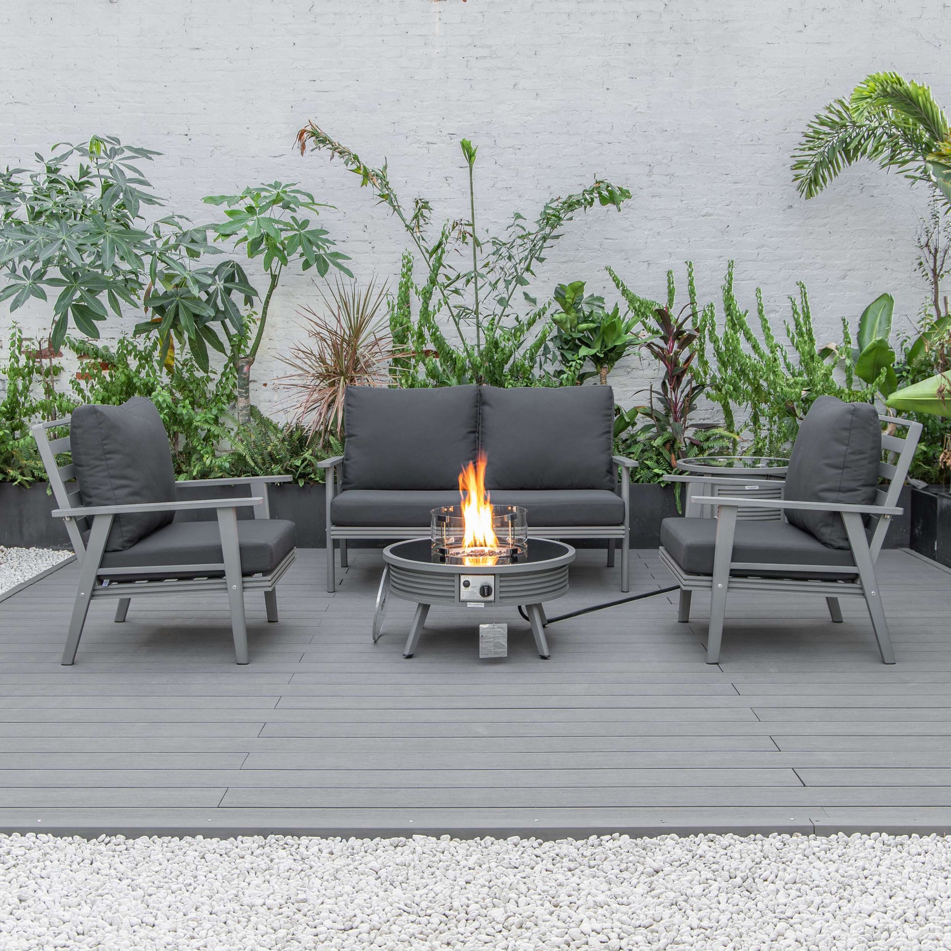 LeisureMod Walbrooke Modern Grey Patio Conversation With Round Fire Pit With Slats Design & Tank Holder | Outdoor Sofas, Loveseats & Sectionals | Modishstore - 9