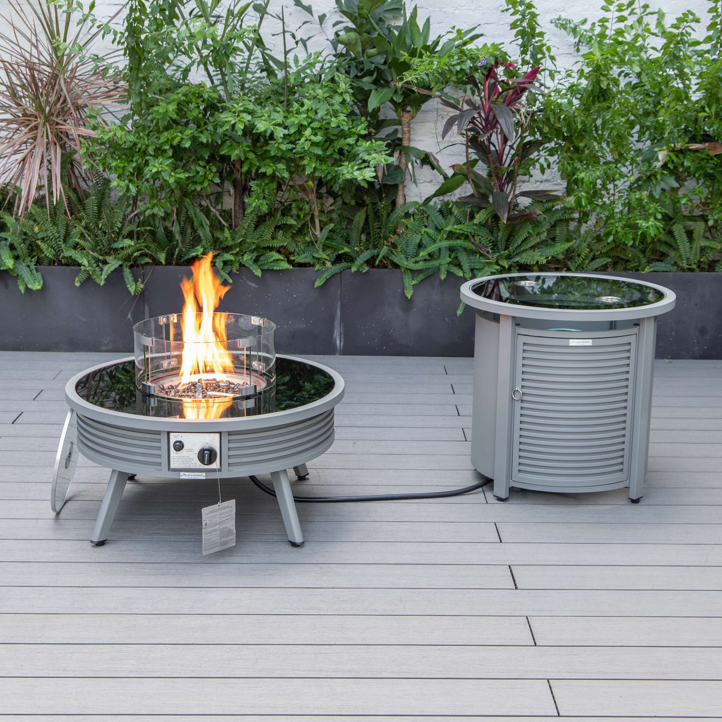 LeisureMod Walbrooke Modern Grey Patio Conversation With Round Fire Pit With Slats Design & Tank Holder | Outdoor Sofas, Loveseats & Sectionals | Modishstore - 4