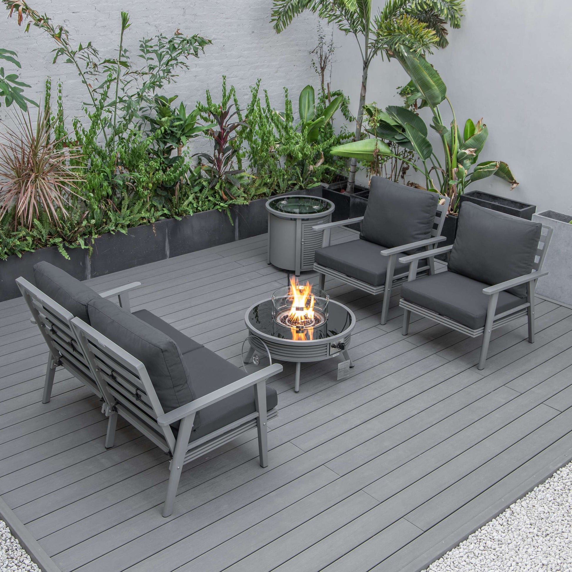 LeisureMod Walbrooke Modern Grey Patio Conversation With Round Fire Pit With Slats Design & Tank Holder | Outdoor Sofas, Loveseats & Sectionals | Modishstore - 7