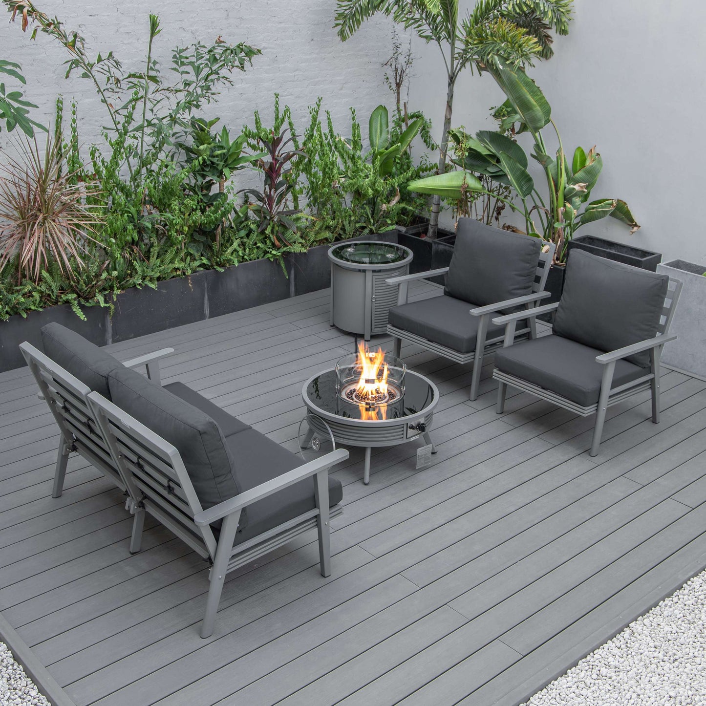 LeisureMod Walbrooke Modern Grey Patio Conversation With Round Fire Pit & Tank Holder | Outdoor Sofas, Loveseats & Sectionals | Modishstore - 2