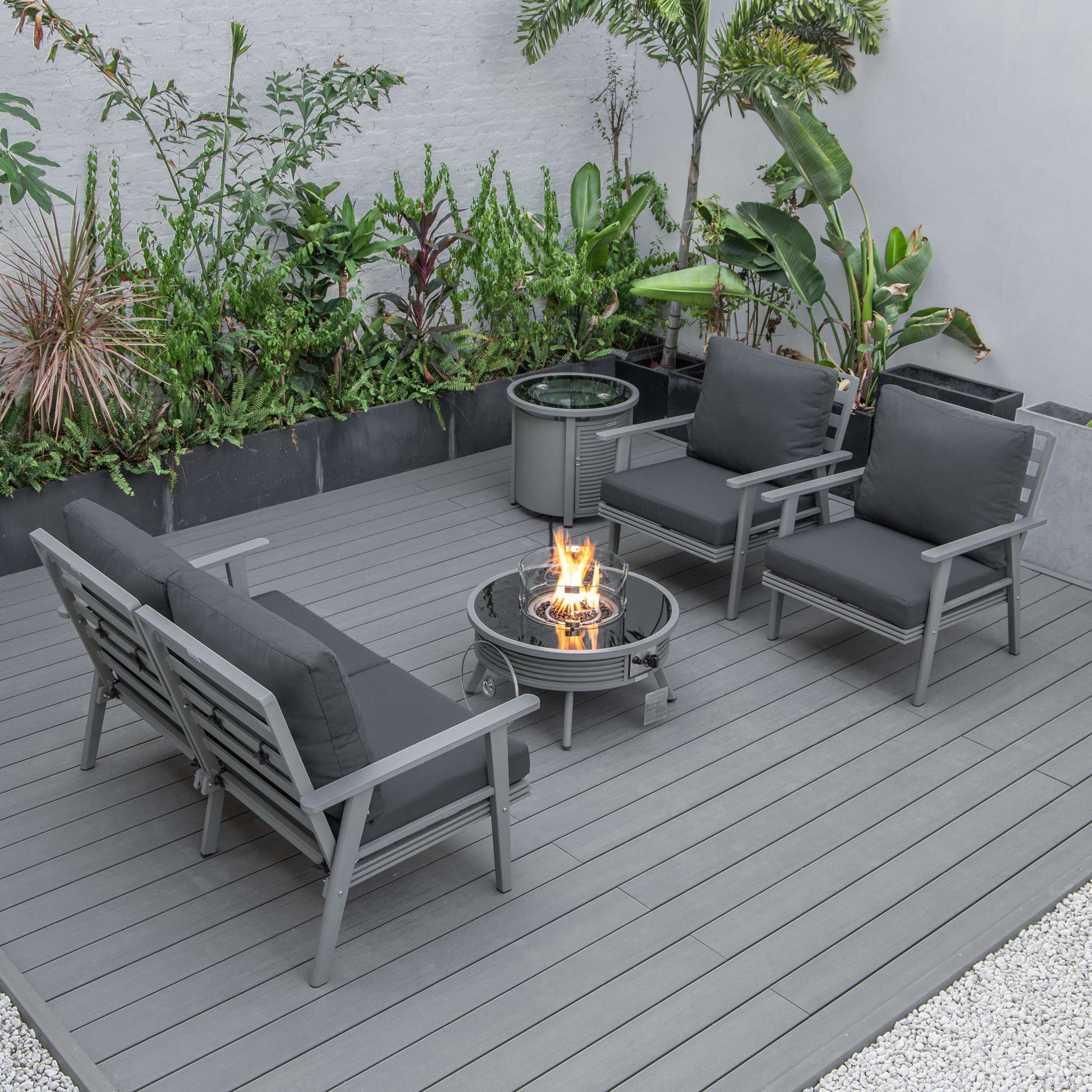 LeisureMod Walbrooke Modern Grey Patio Conversation With Round Fire Pit & Tank Holder | Outdoor Sofas, Loveseats & Sectionals | Modishstore - 2