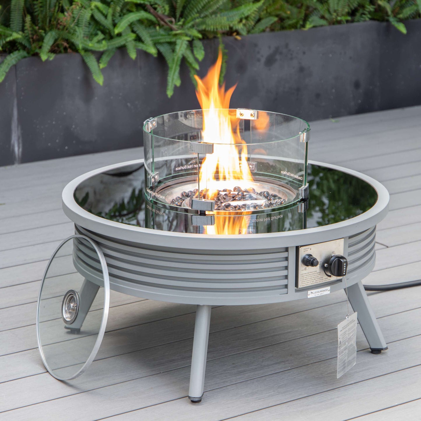 LeisureMod Walbrooke Modern Grey Patio Conversation With Round Fire Pit With Slats Design & Tank Holder | Outdoor Sofas, Loveseats & Sectionals | Modishstore - 5
