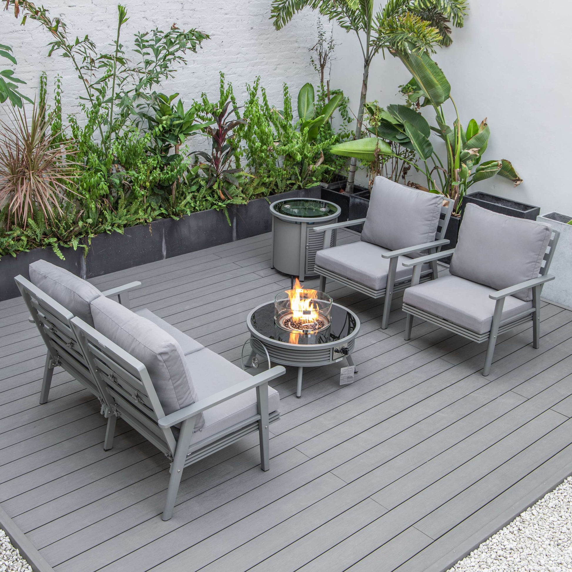 LeisureMod Walbrooke Modern Grey Patio Conversation With Round Fire Pit With Slats Design & Tank Holder | Outdoor Sofas, Loveseats & Sectionals | Modishstore - 27
