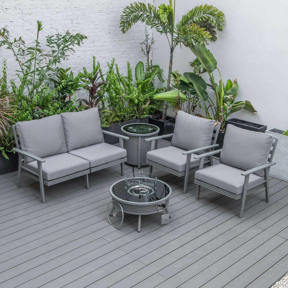LeisureMod Walbrooke Modern Grey Patio Conversation With Round Fire Pit With Slats Design & Tank Holder | Outdoor Sofas, Loveseats & Sectionals | Modishstore - 28