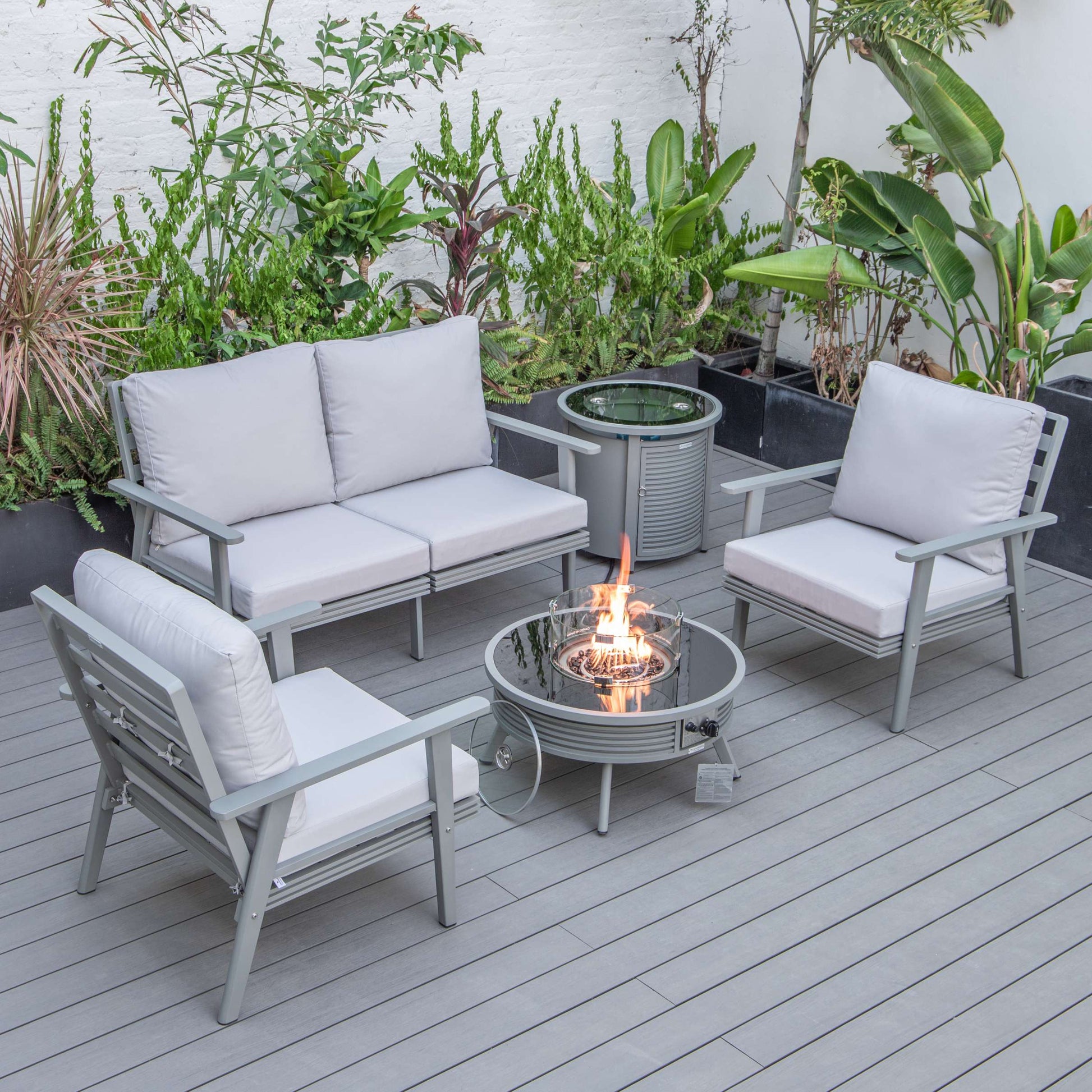 LeisureMod Walbrooke Modern Grey Patio Conversation With Round Fire Pit With Slats Design & Tank Holder | Outdoor Sofas, Loveseats & Sectionals | Modishstore - 39