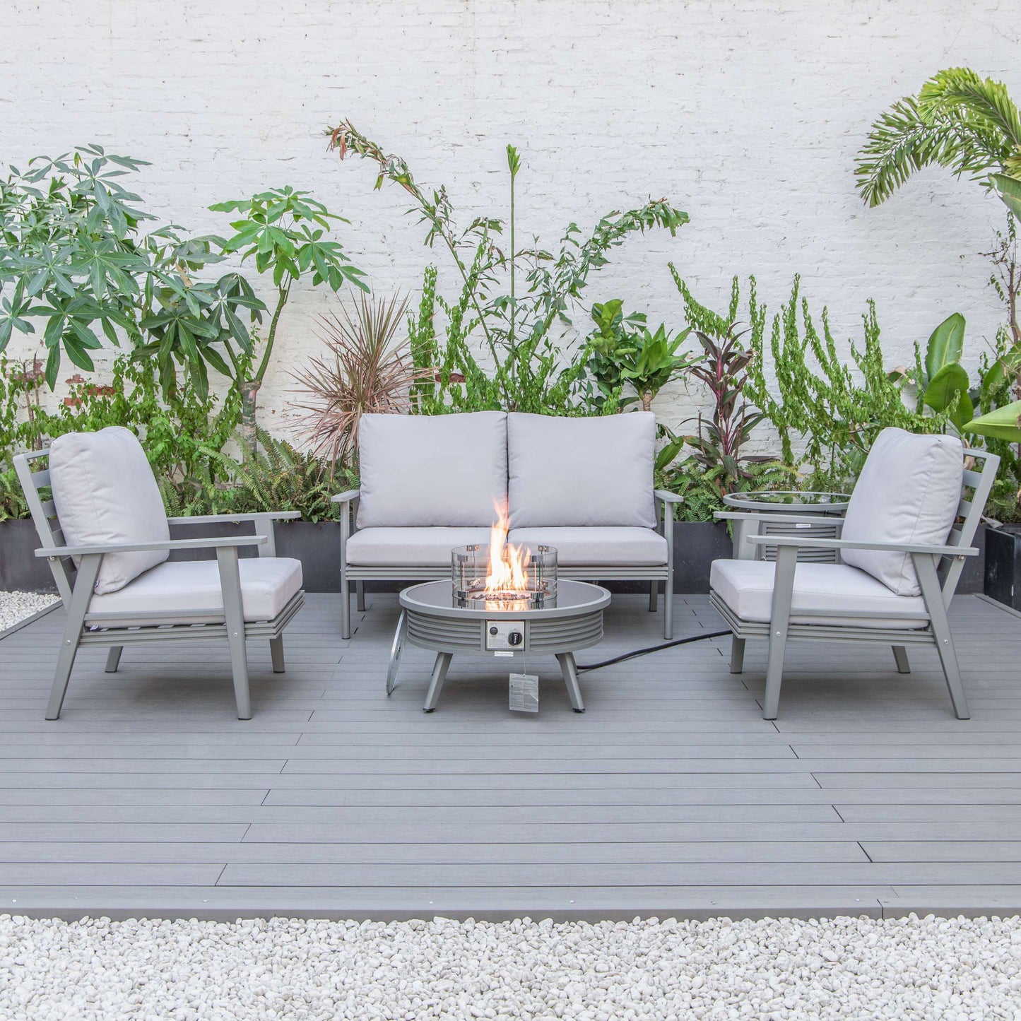 LeisureMod Walbrooke Modern Grey Patio Conversation With Round Fire Pit With Slats Design & Tank Holder | Outdoor Sofas, Loveseats & Sectionals | Modishstore - 40