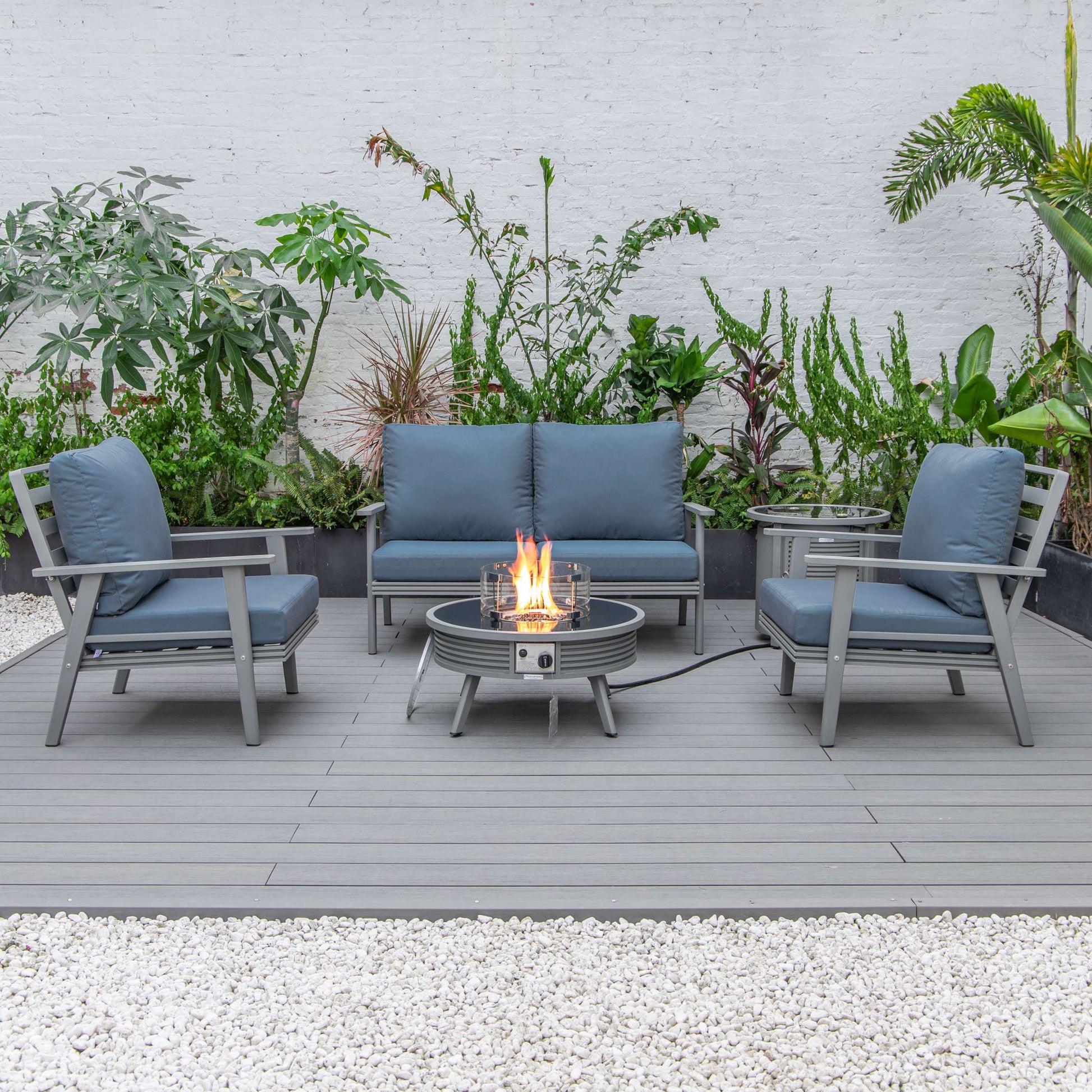 LeisureMod Walbrooke Modern Grey Patio Conversation With Round Fire Pit With Slats Design & Tank Holder | Outdoor Sofas, Loveseats & Sectionals | Modishstore - 25