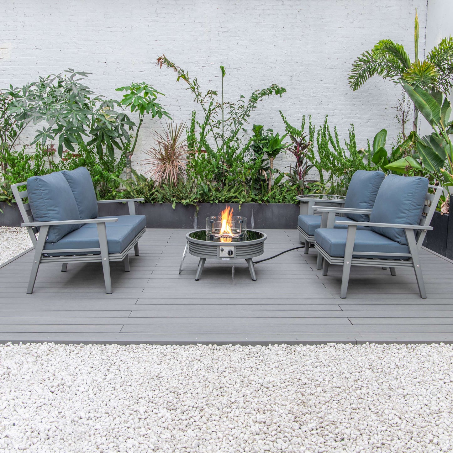 LeisureMod Walbrooke Modern Grey Patio Conversation With Round Fire Pit With Slats Design & Tank Holder | Outdoor Sofas, Loveseats & Sectionals | Modishstore - 21