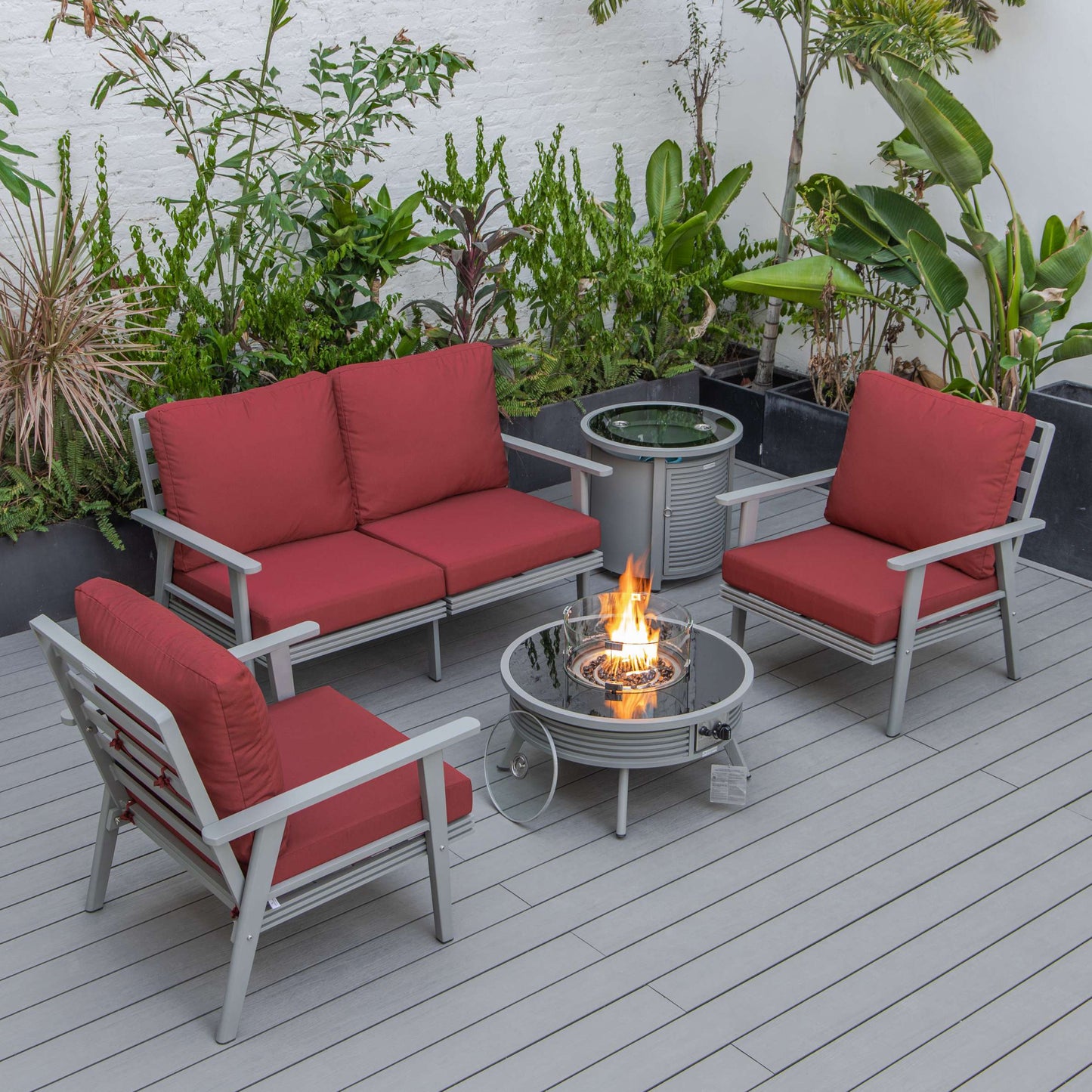 LeisureMod Walbrooke Modern Grey Patio Conversation With Round Fire Pit With Slats Design & Tank Holder | Outdoor Sofas, Loveseats & Sectionals | Modishstore - 36