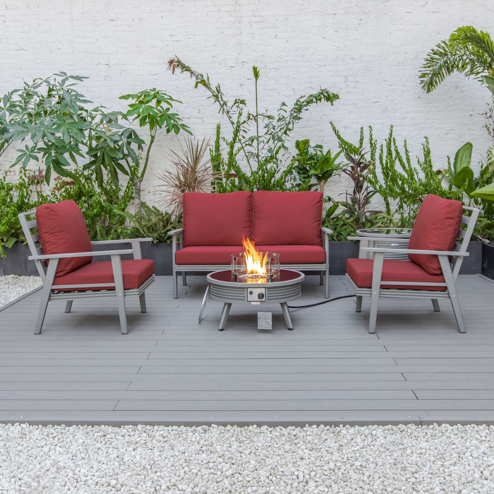 LeisureMod Walbrooke Modern Grey Patio Conversation With Round Fire Pit With Slats Design & Tank Holder | Outdoor Sofas, Loveseats & Sectionals | Modishstore - 37