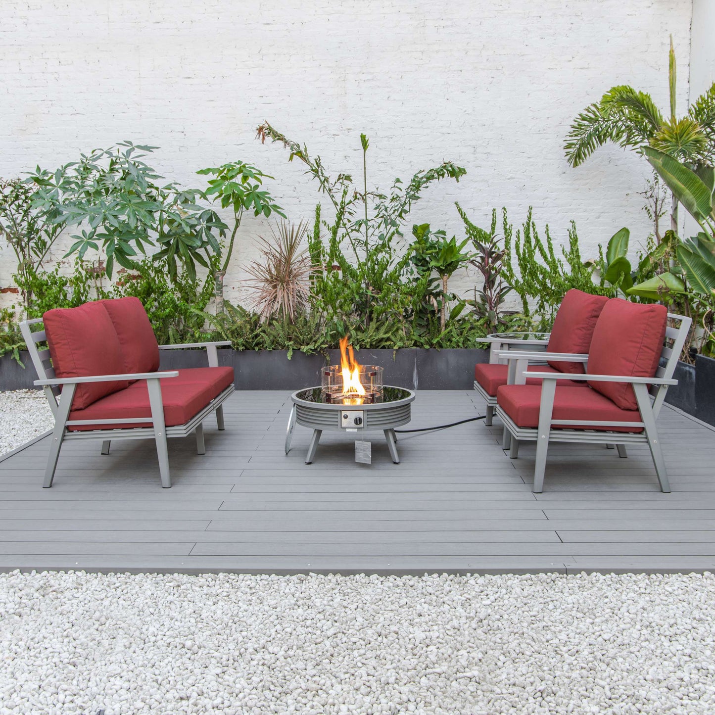 LeisureMod Walbrooke Modern Grey Patio Conversation With Round Fire Pit With Slats Design & Tank Holder | Outdoor Sofas, Loveseats & Sectionals | Modishstore - 32