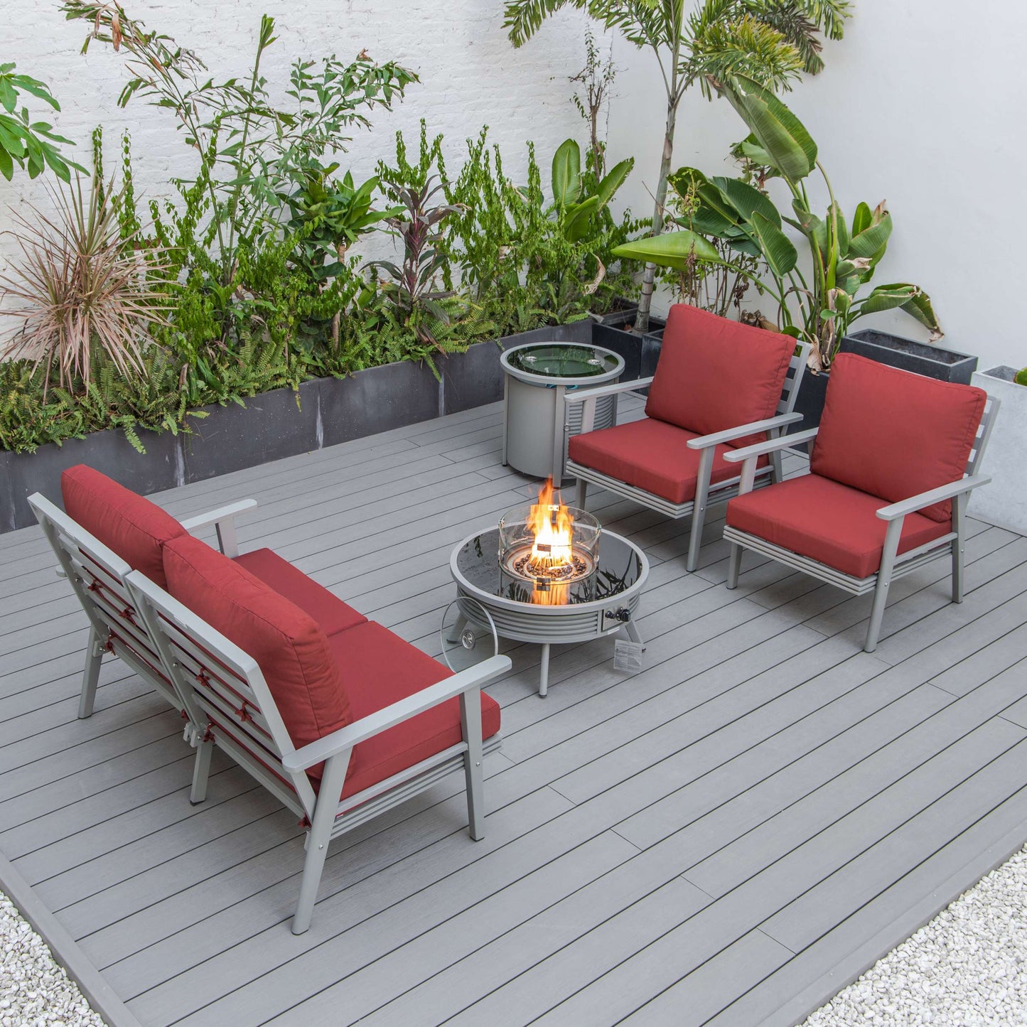 LeisureMod Walbrooke Modern Grey Patio Conversation With Round Fire Pit With Slats Design & Tank Holder | Outdoor Sofas, Loveseats & Sectionals | Modishstore - 31