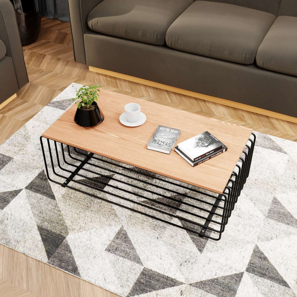 LeisureMod Walden Rectangular Coffee Table with Ash Veneer Top and Powder Coated Steel Frame | Coffee Tables | Modishstore - 2