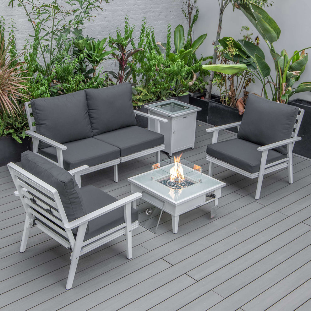 LeisureMod Walbrooke Modern White Patio Conversation With Square Fire Pit & Tank Holder | Outdoor Sofas, Loveseats & Sectionals | Modishstore - 19