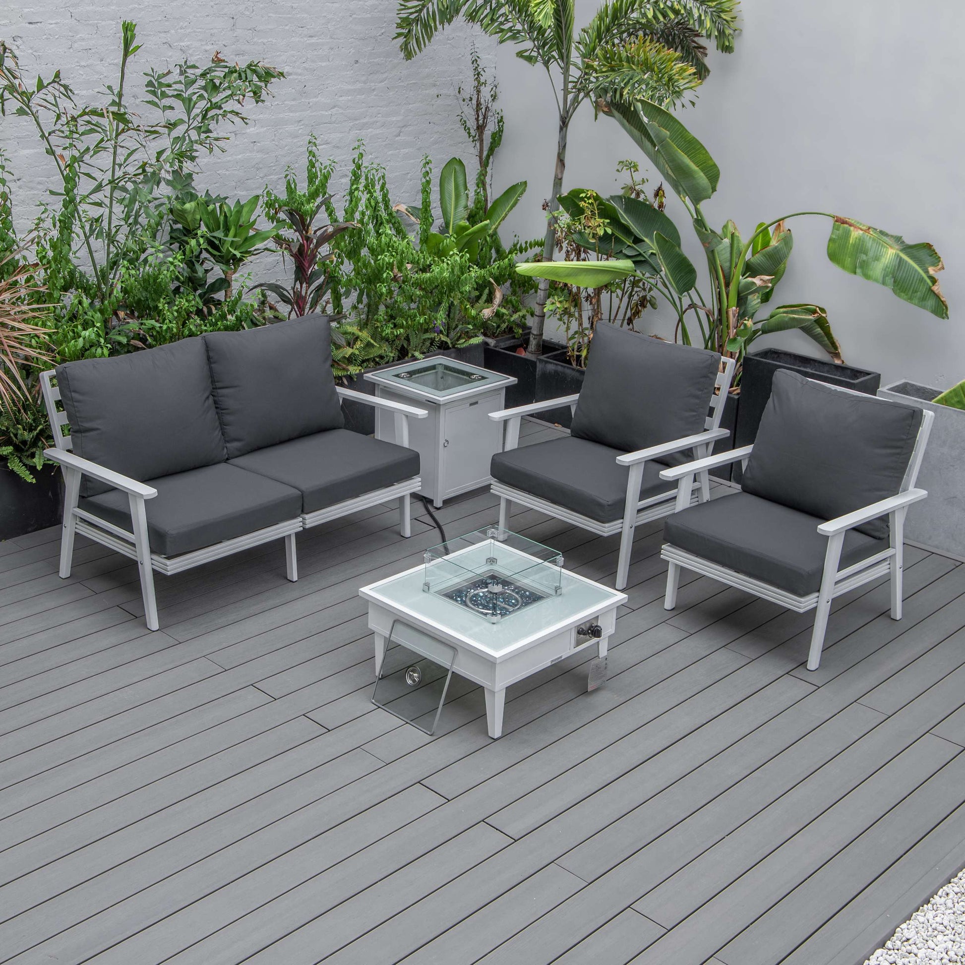 LeisureMod Walbrooke Modern White Patio Conversation With Square Fire Pit & Tank Holder | Outdoor Sofas, Loveseats & Sectionals | Modishstore - 18