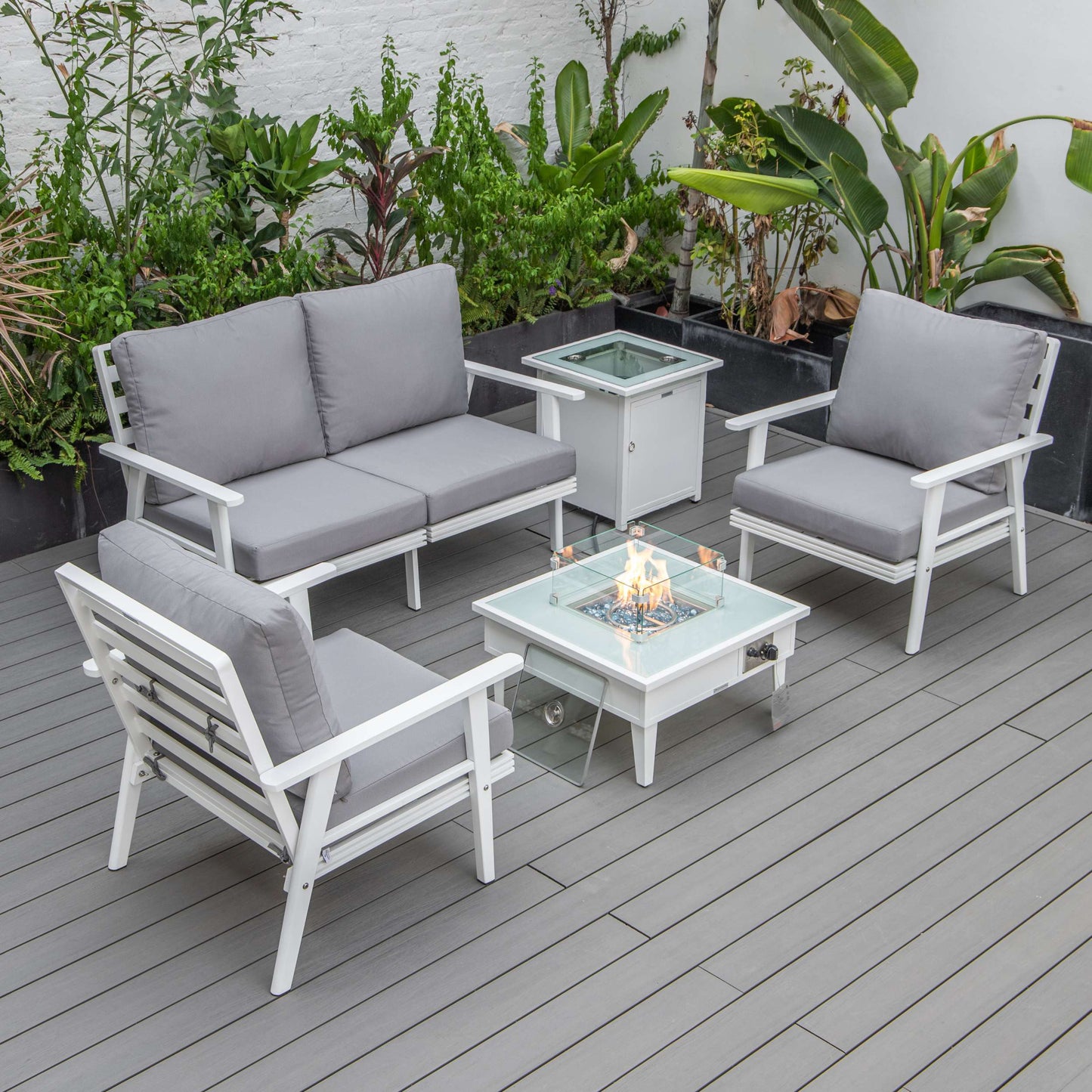 LeisureMod Walbrooke Modern White Patio Conversation With Square Fire Pit & Tank Holder | Outdoor Sofas, Loveseats & Sectionals | Modishstore - 111