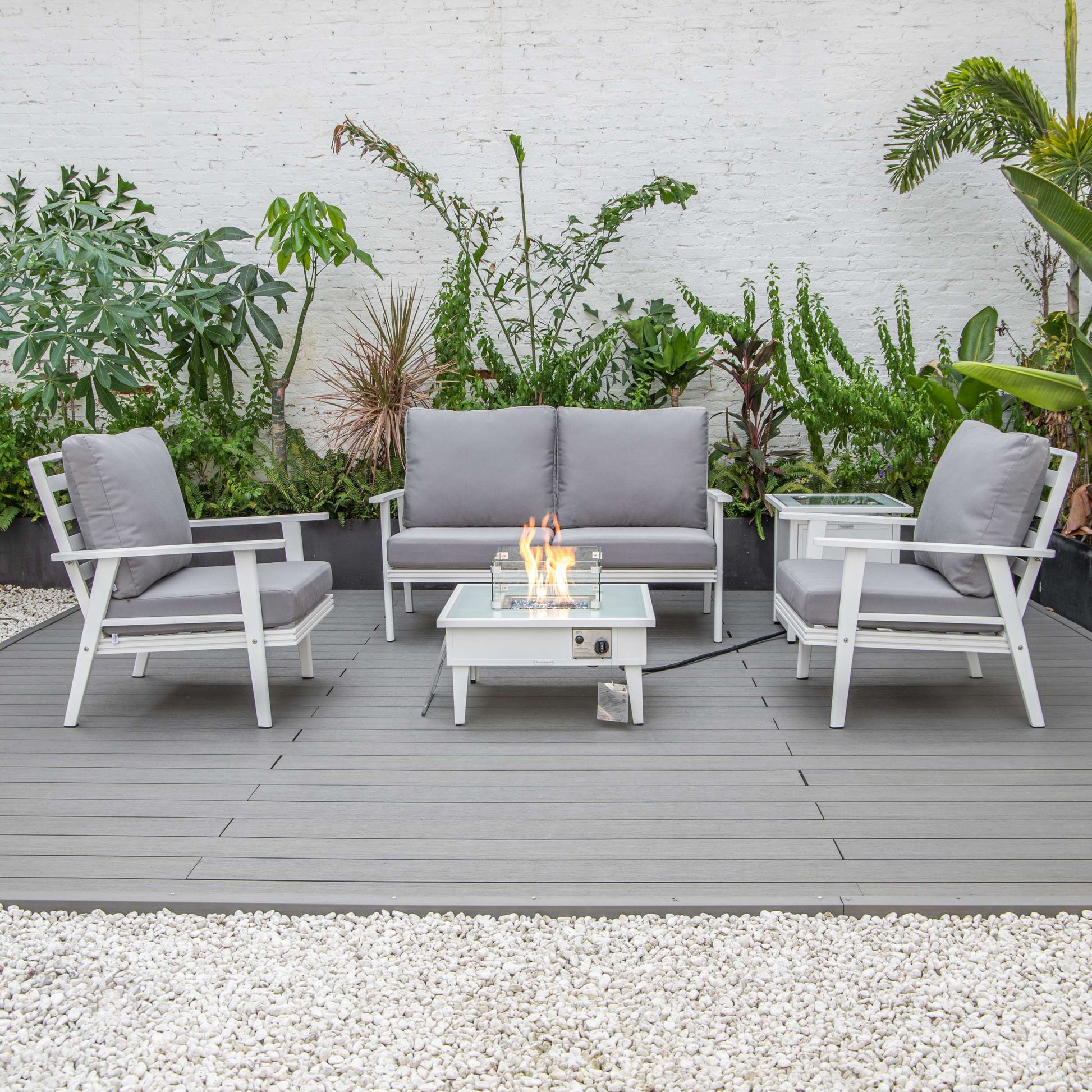 LeisureMod Walbrooke Modern White Patio Conversation With Square Fire Pit & Tank Holder | Outdoor Sofas, Loveseats & Sectionals | Modishstore - 112
