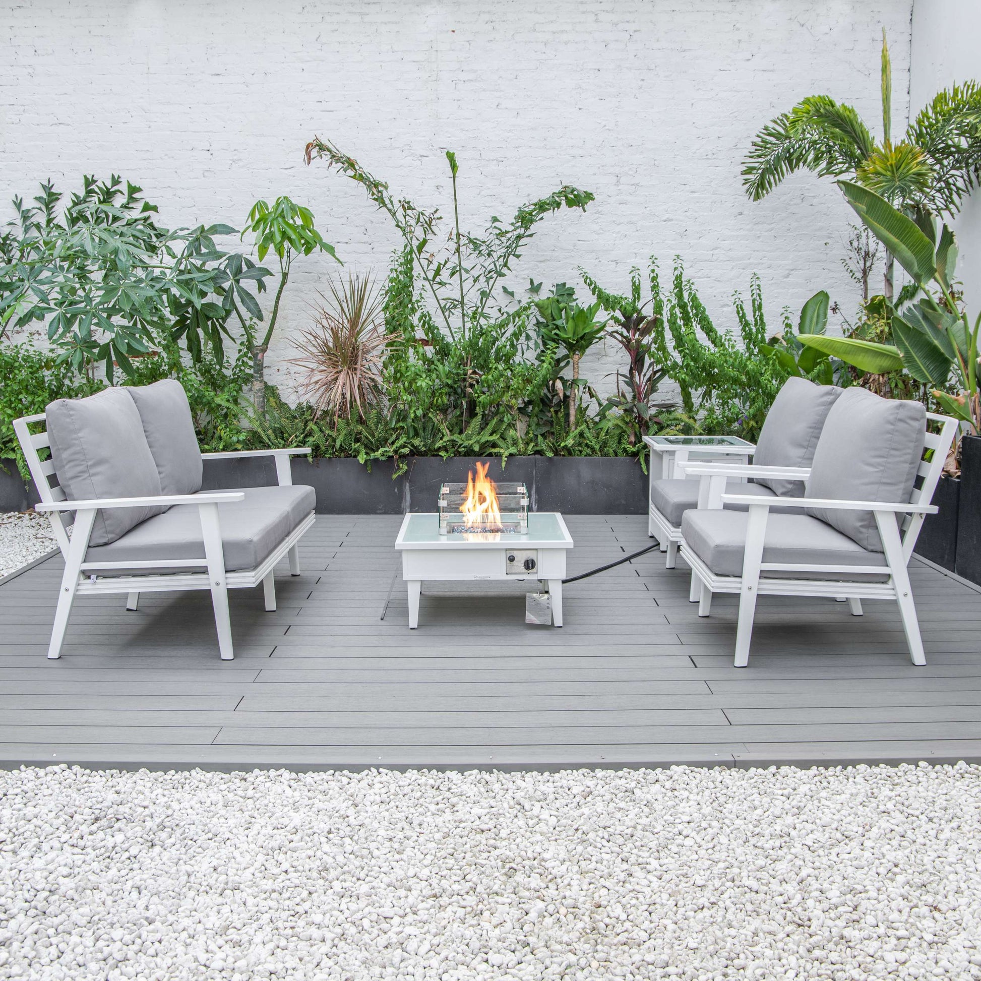 LeisureMod Walbrooke Modern White Patio Conversation With Square Fire Pit & Tank Holder | Outdoor Sofas, Loveseats & Sectionals | Modishstore - 108