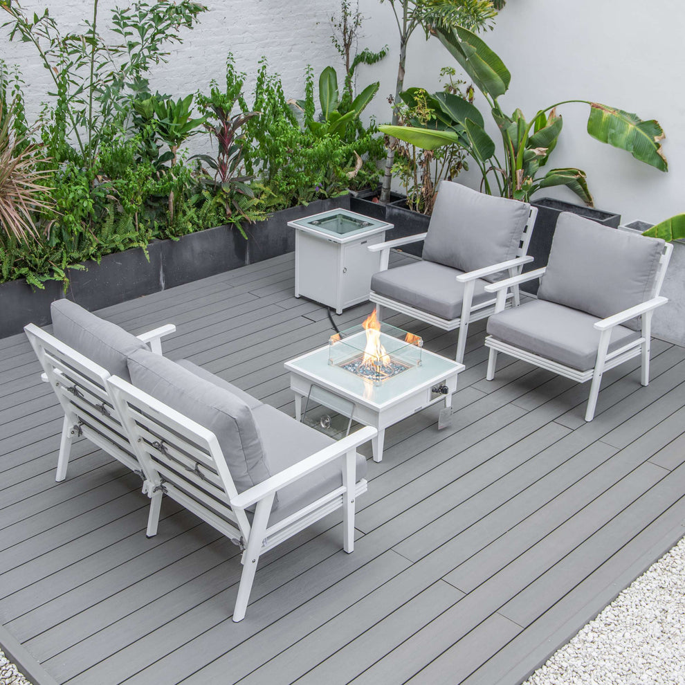 LeisureMod Walbrooke Modern White Patio Conversation With Square Fire Pit & Tank Holder | Outdoor Sofas, Loveseats & Sectionals | Modishstore - 109
