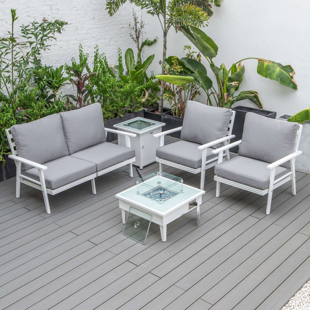LeisureMod Walbrooke Modern White Patio Conversation With Square Fire Pit & Tank Holder | Outdoor Sofas, Loveseats & Sectionals | Modishstore - 110