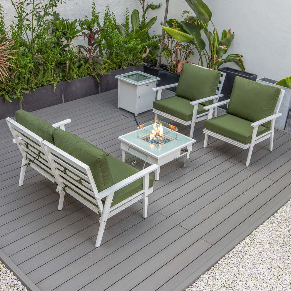 LeisureMod Walbrooke Modern White Patio Conversation With Square Fire Pit & Tank Holder | Outdoor Sofas, Loveseats & Sectionals | Modishstore - 72