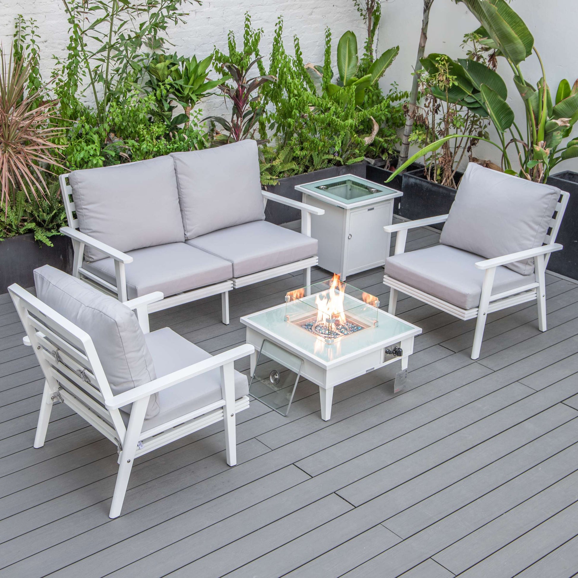 LeisureMod Walbrooke Modern White Patio Conversation With Square Fire Pit & Tank Holder | Outdoor Sofas, Loveseats & Sectionals | Modishstore - 85