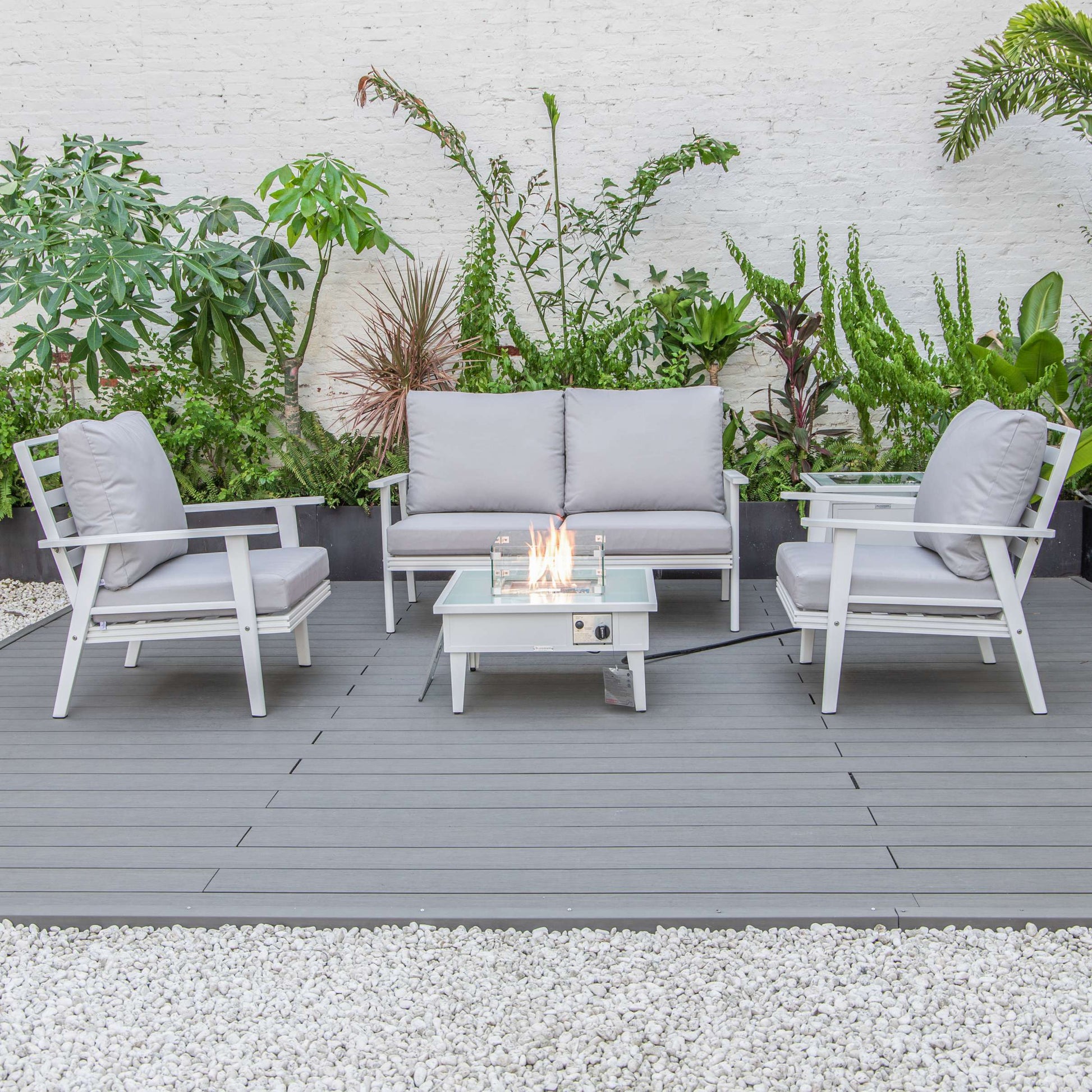 LeisureMod Walbrooke Modern White Patio Conversation With Square Fire Pit & Tank Holder | Outdoor Sofas, Loveseats & Sectionals | Modishstore - 86
