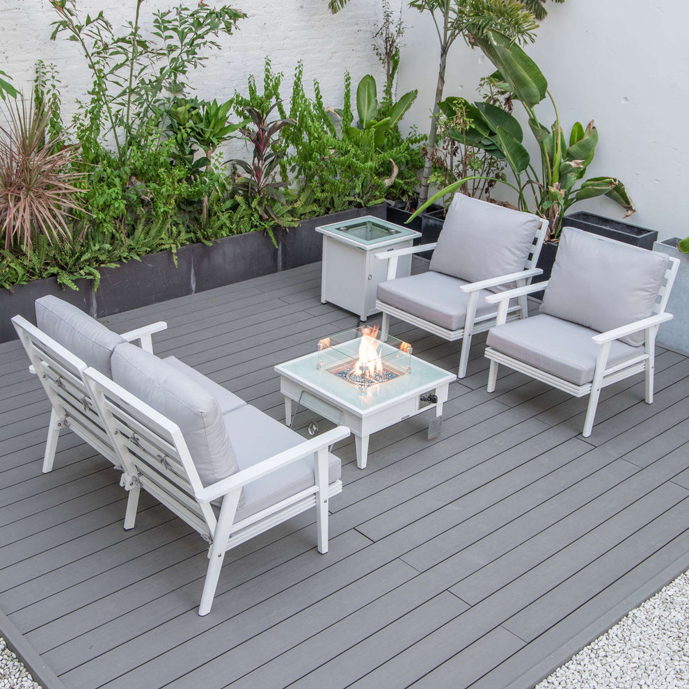 LeisureMod Walbrooke Modern White Patio Conversation With Square Fire Pit & Tank Holder | Outdoor Sofas, Loveseats & Sectionals | Modishstore - 92
