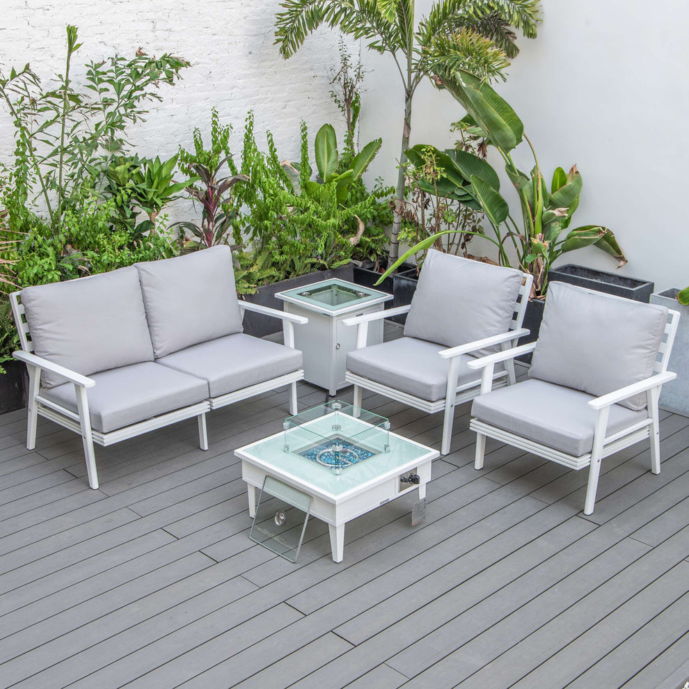 LeisureMod Walbrooke Modern White Patio Conversation With Square Fire Pit & Tank Holder | Outdoor Sofas, Loveseats & Sectionals | Modishstore - 84