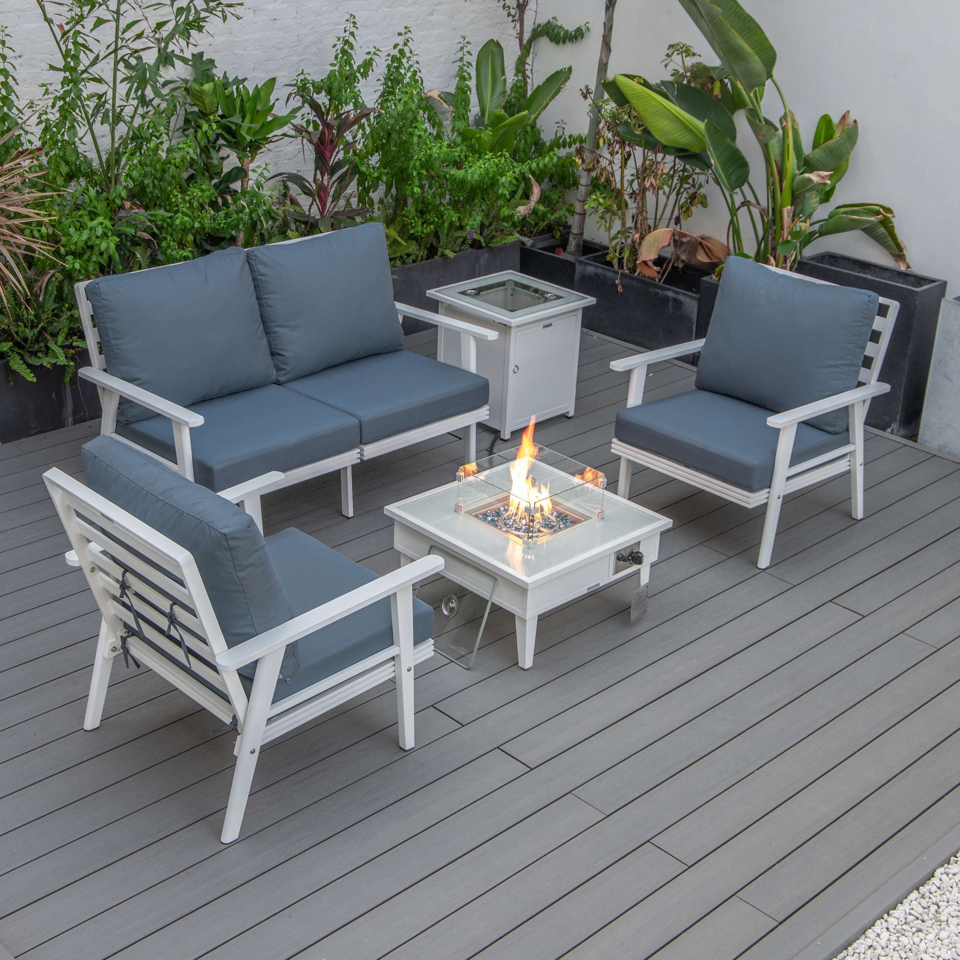 LeisureMod Walbrooke Modern White Patio Conversation With Square Fire Pit & Tank Holder | Outdoor Sofas, Loveseats & Sectionals | Modishstore - 48
