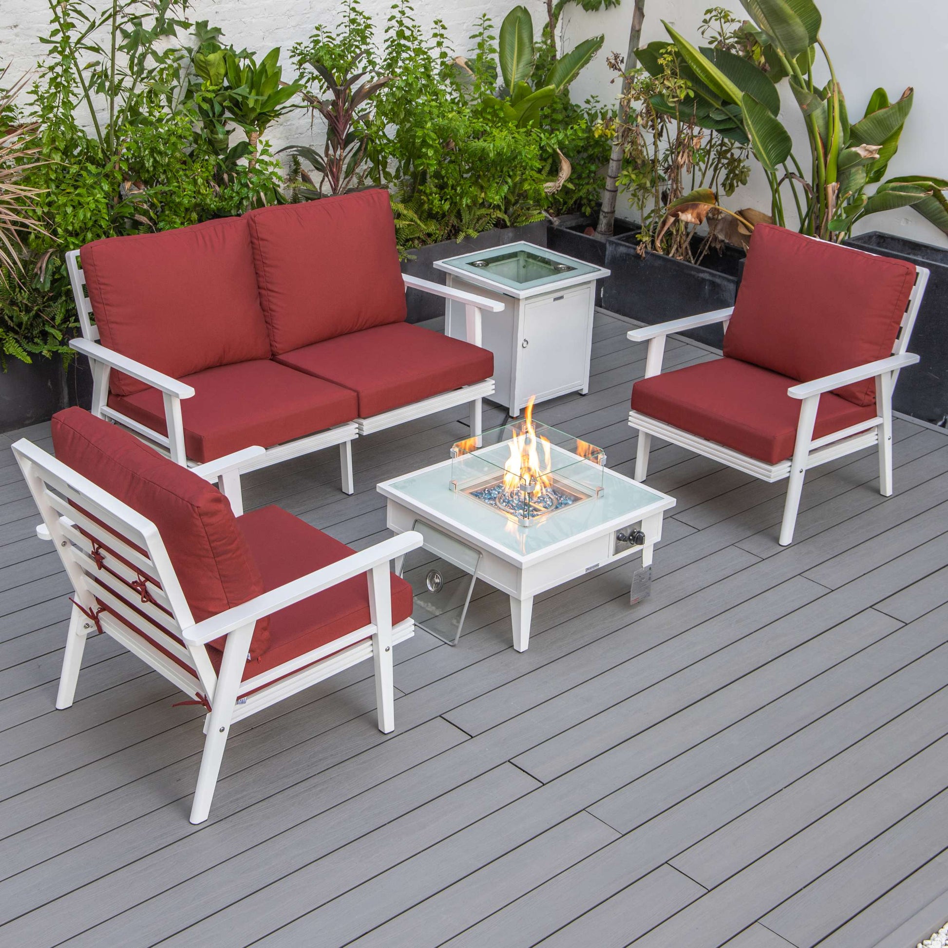LeisureMod Walbrooke Modern White Patio Conversation With Square Fire Pit & Tank Holder | Outdoor Sofas, Loveseats & Sectionals | Modishstore - 131