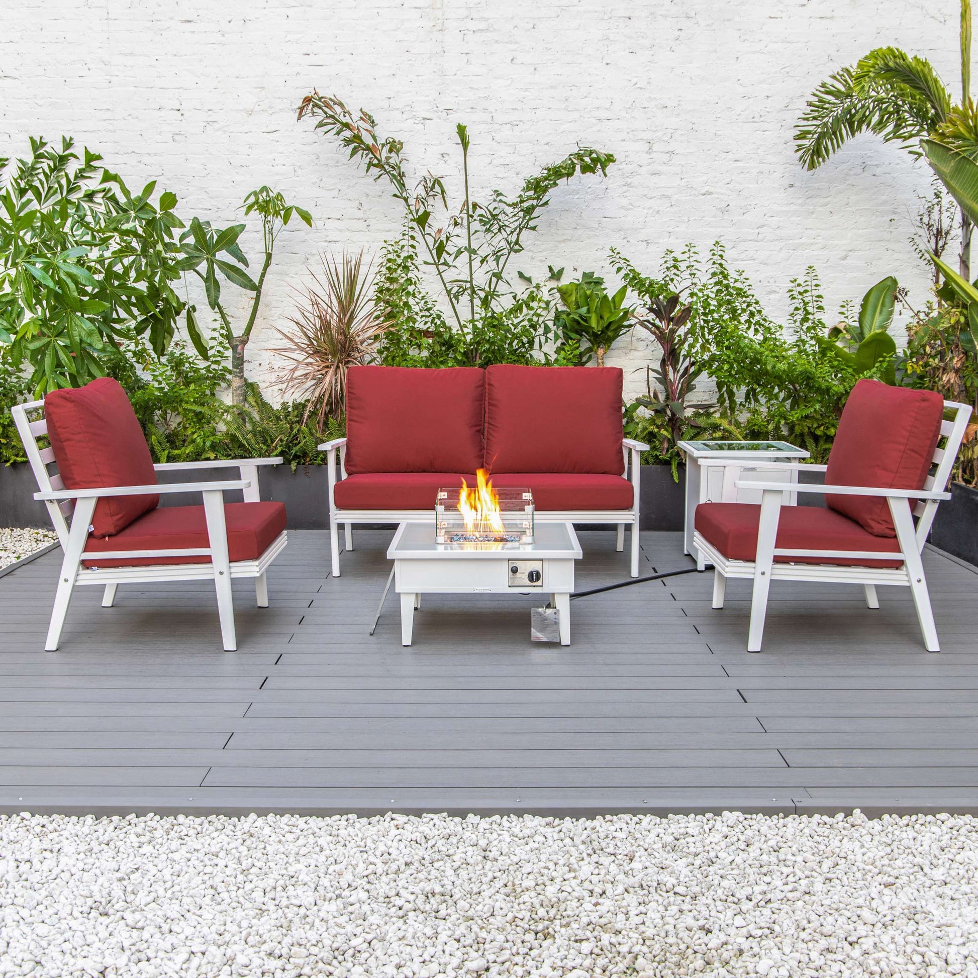 LeisureMod Walbrooke Modern White Patio Conversation With Square Fire Pit & Tank Holder | Outdoor Sofas, Loveseats & Sectionals | Modishstore - 132