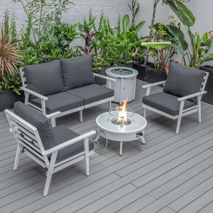 LeisureMod Walbrooke Modern White Patio Conversation With Round Fire Pit & Tank Holder | Outdoor Sofas, Loveseats & Sectionals | Modishstore