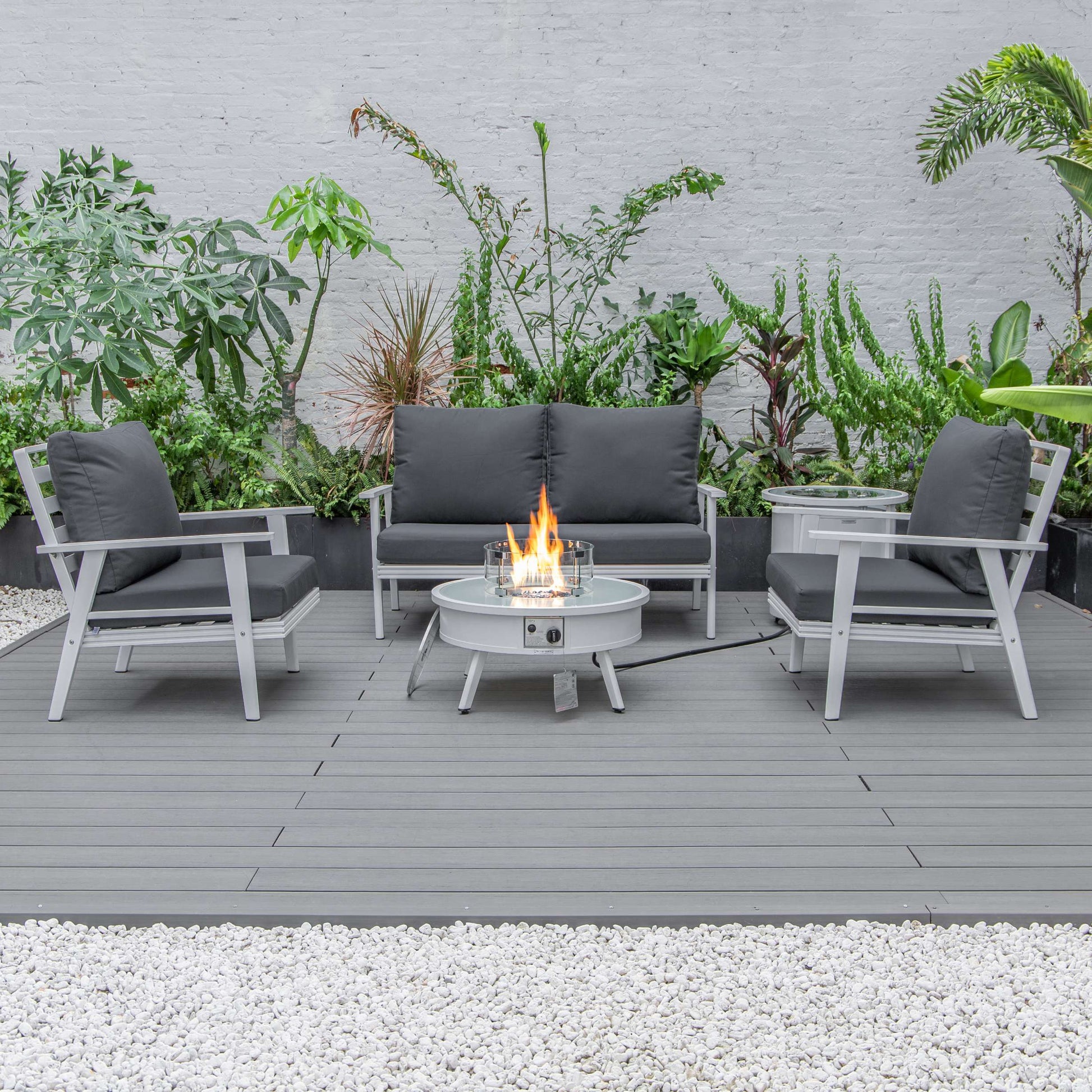 LeisureMod Walbrooke Modern White Patio Conversation With Round Fire Pit & Tank Holder | Outdoor Sofas, Loveseats & Sectionals | Modishstore - 71