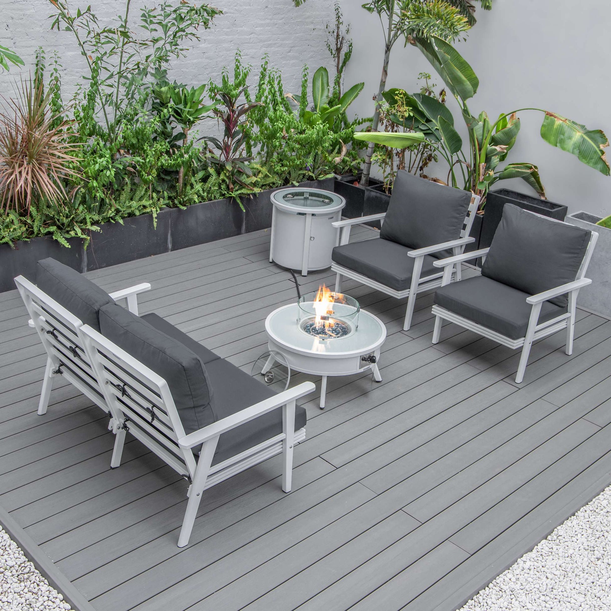 LeisureMod Walbrooke Modern White Patio Conversation With Round Fire Pit & Tank Holder | Outdoor Sofas, Loveseats & Sectionals | Modishstore - 62