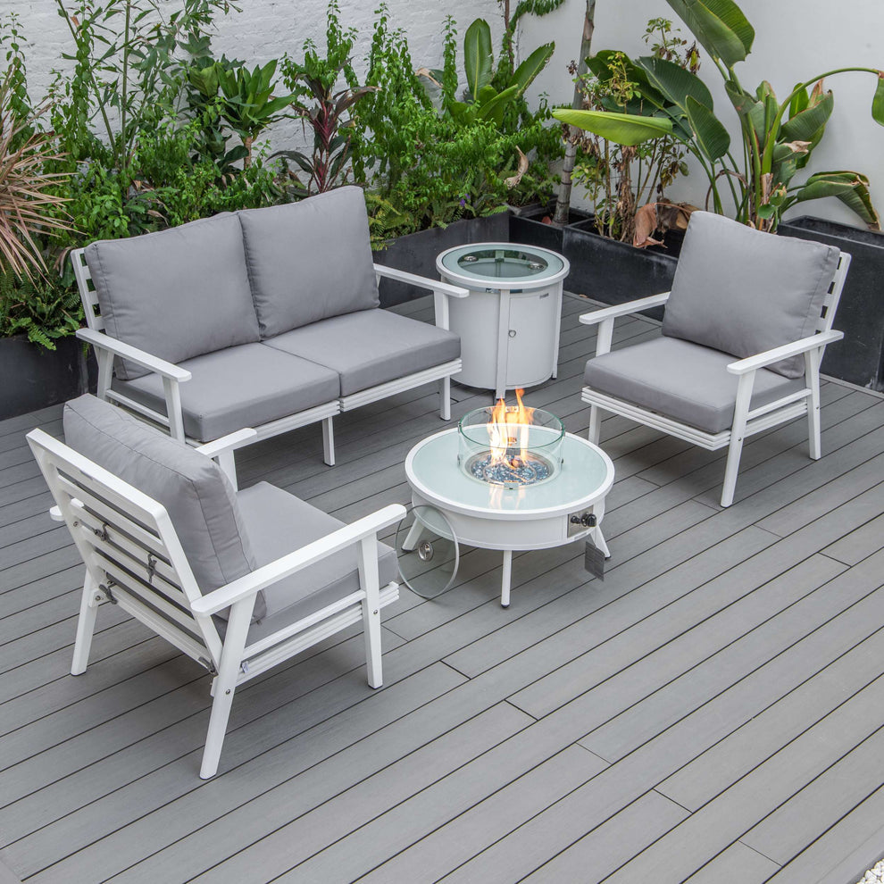 LeisureMod Walbrooke Modern White Patio Conversation With Round Fire Pit & Tank Holder | Outdoor Sofas, Loveseats & Sectionals | Modishstore - 79