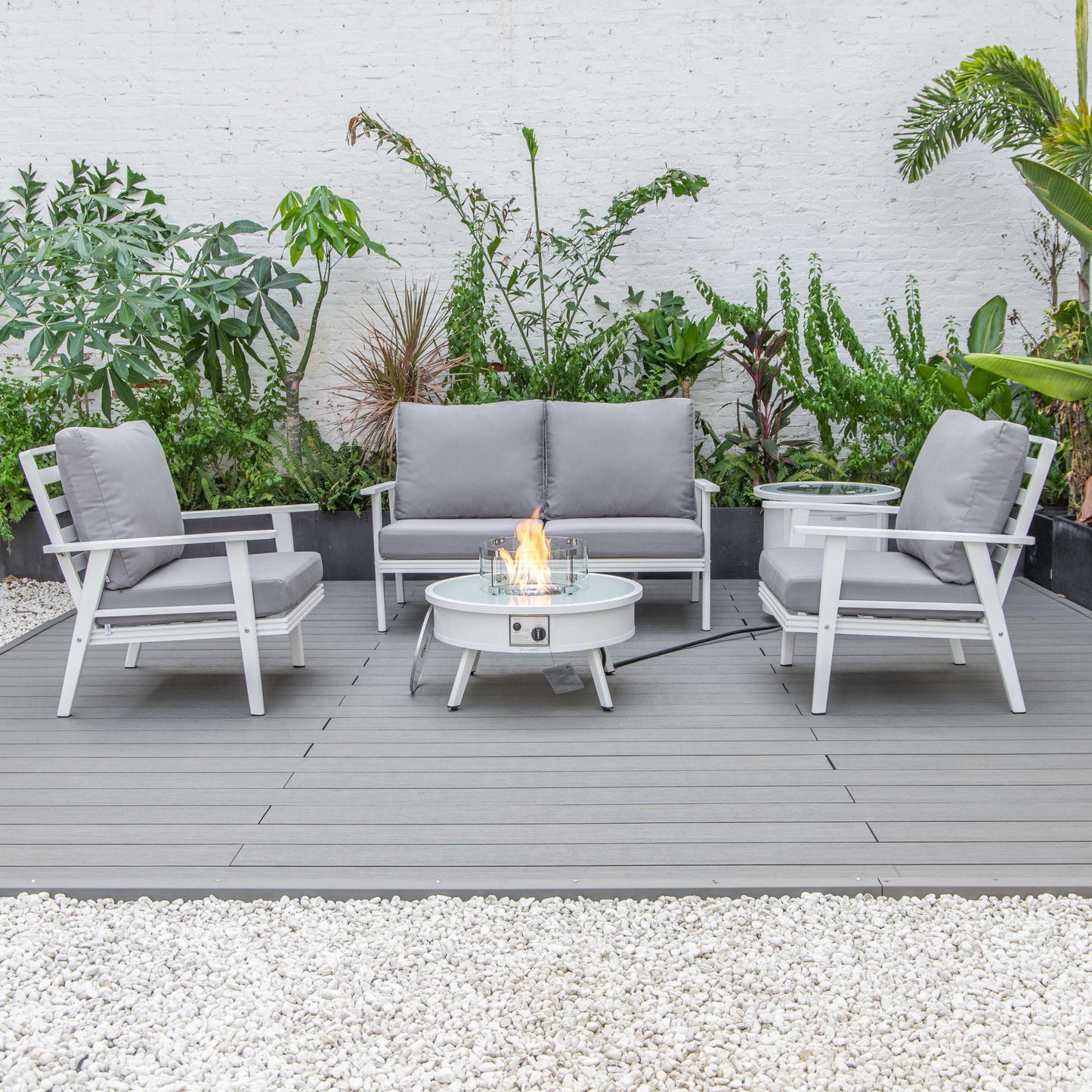 LeisureMod Walbrooke Modern White Patio Conversation With Round Fire Pit & Tank Holder | Outdoor Sofas, Loveseats & Sectionals | Modishstore - 78