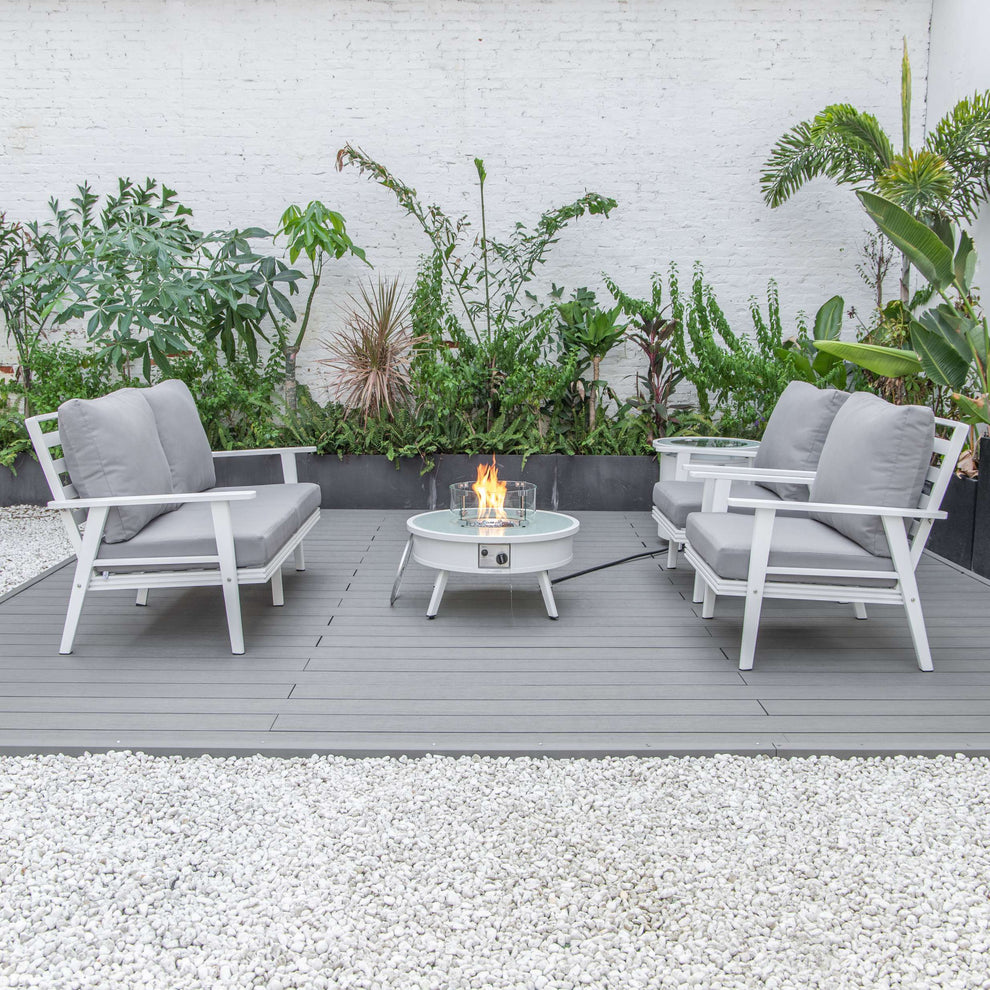 LeisureMod Walbrooke Modern White Patio Conversation With Round Fire Pit & Tank Holder | Outdoor Sofas, Loveseats & Sectionals | Modishstore - 72