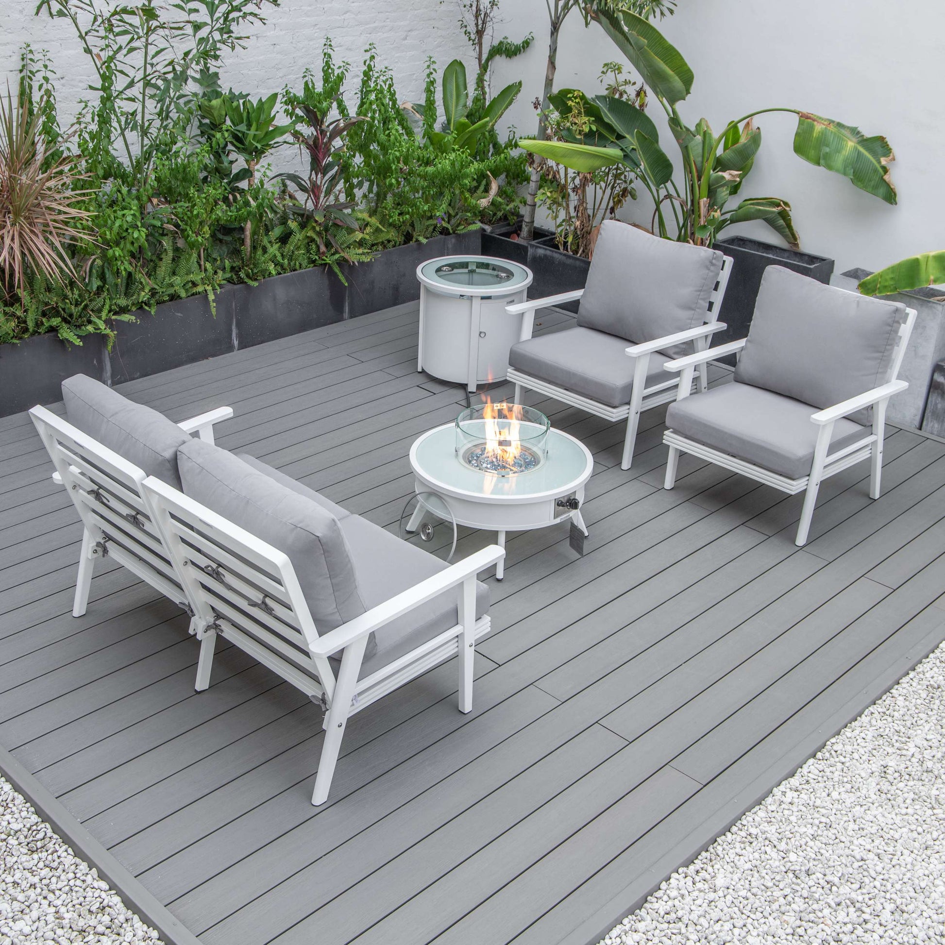 LeisureMod Walbrooke Modern White Patio Conversation With Round Fire Pit & Tank Holder | Outdoor Sofas, Loveseats & Sectionals | Modishstore - 73