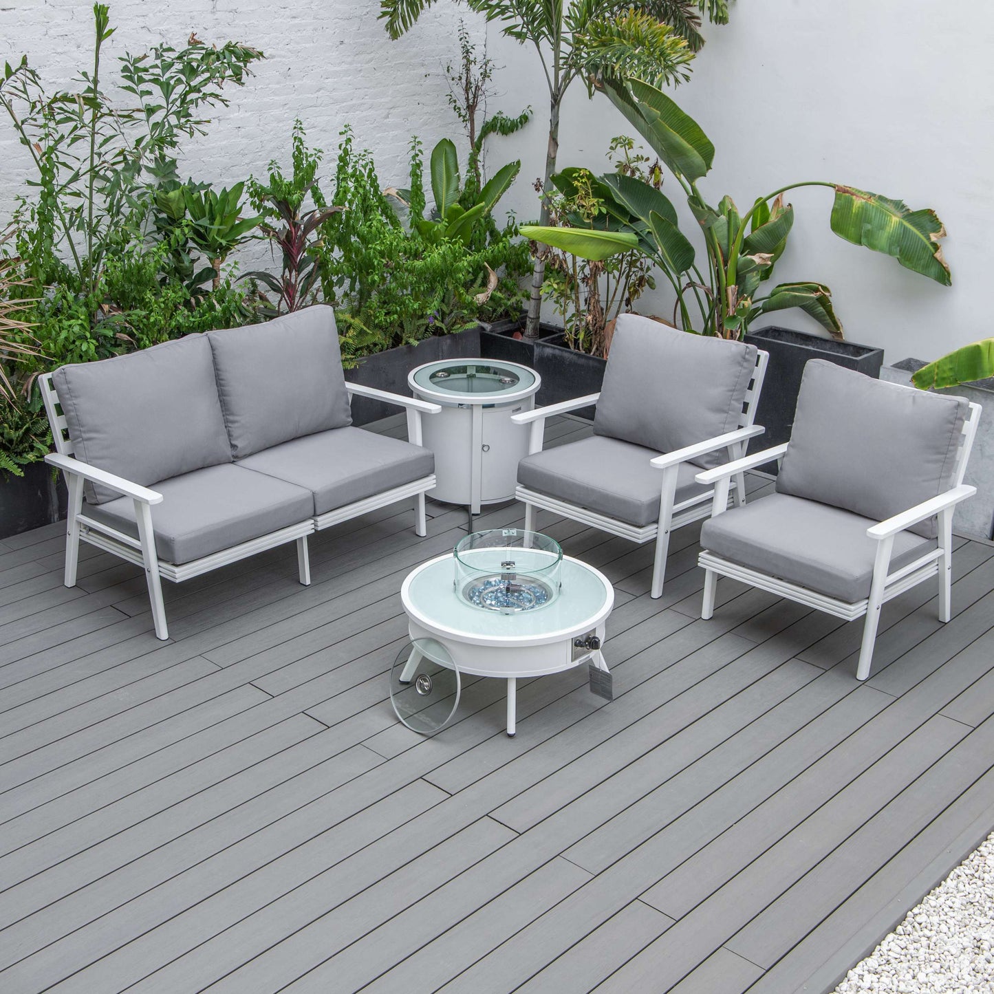 LeisureMod Walbrooke Modern White Patio Conversation With Round Fire Pit & Tank Holder | Outdoor Sofas, Loveseats & Sectionals | Modishstore - 75
