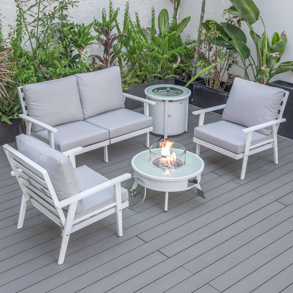 LeisureMod Walbrooke Modern White Patio Conversation With Round Fire Pit & Tank Holder | Outdoor Sofas, Loveseats & Sectionals | Modishstore - 104