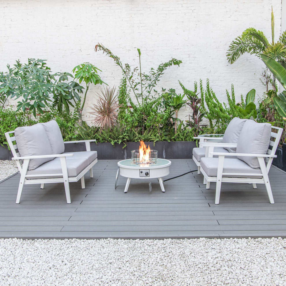LeisureMod Walbrooke Modern White Patio Conversation With Round Fire Pit & Tank Holder | Outdoor Sofas, Loveseats & Sectionals | Modishstore - 100