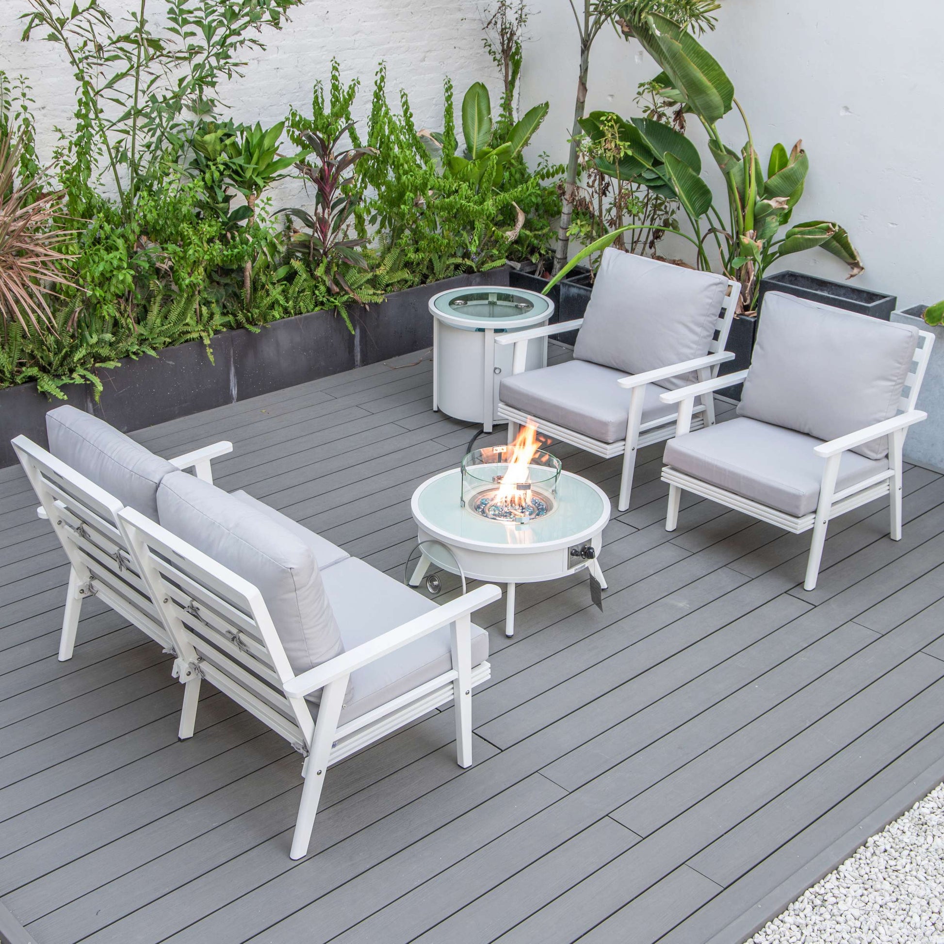 LeisureMod Walbrooke Modern White Patio Conversation With Round Fire Pit & Tank Holder | Outdoor Sofas, Loveseats & Sectionals | Modishstore - 98