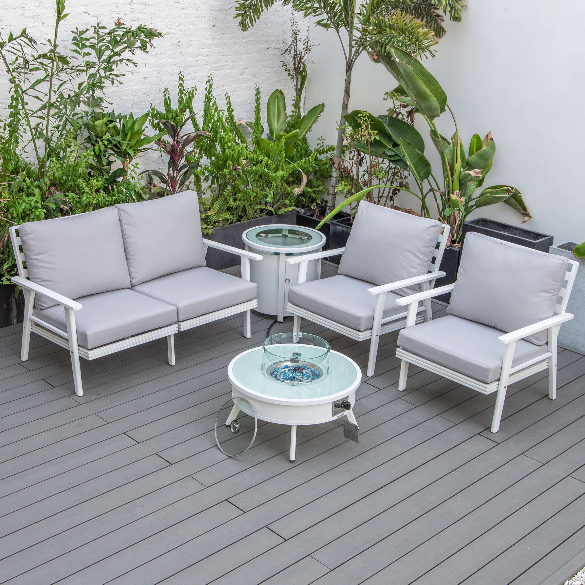 LeisureMod Walbrooke Modern White Patio Conversation With Round Fire Pit & Tank Holder | Outdoor Sofas, Loveseats & Sectionals | Modishstore - 101