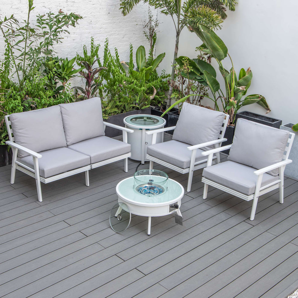 LeisureMod Walbrooke Modern White Patio Conversation With Round Fire Pit & Tank Holder | Outdoor Sofas, Loveseats & Sectionals | Modishstore - 101