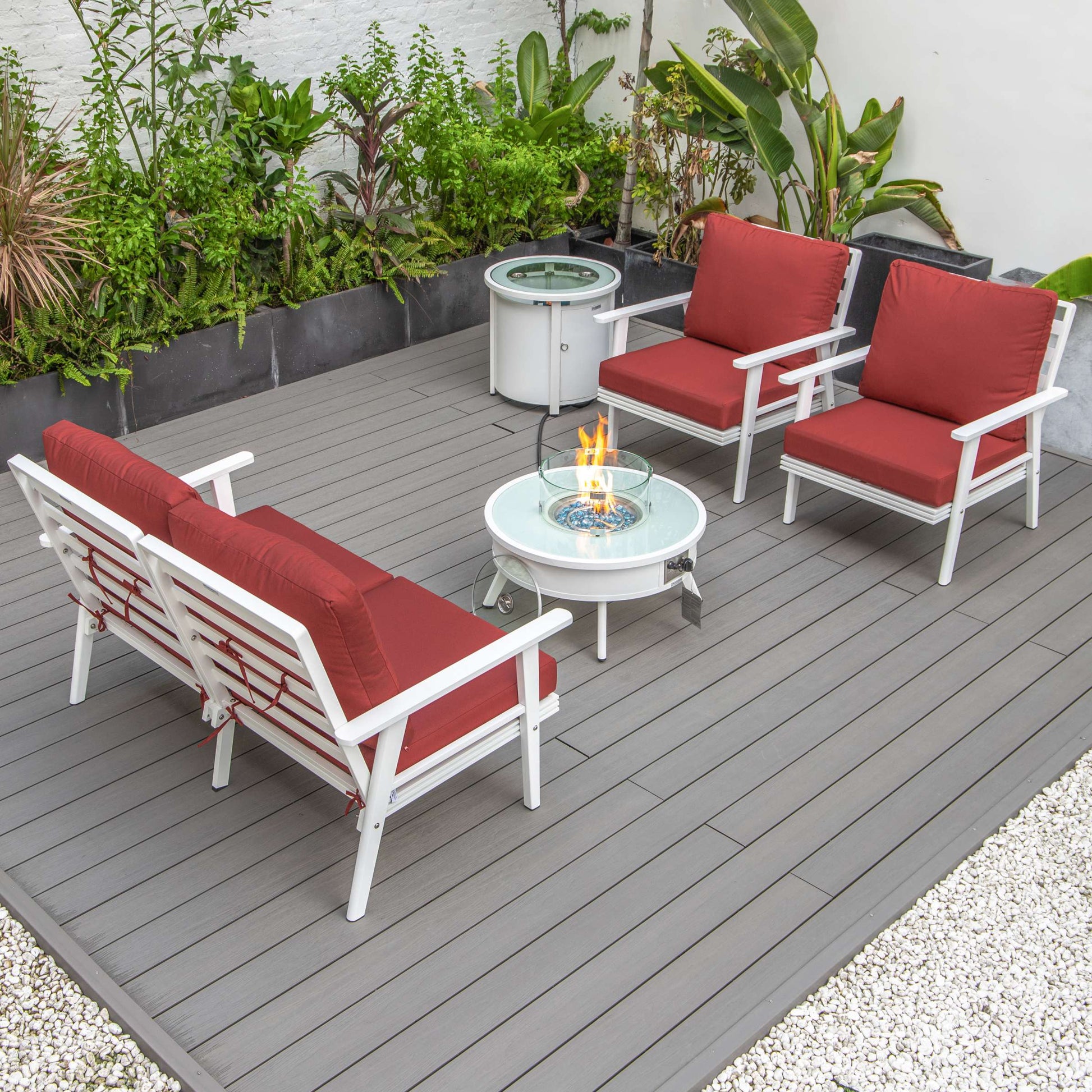LeisureMod Walbrooke Modern White Patio Conversation With Round Fire Pit & Tank Holder | Outdoor Sofas, Loveseats & Sectionals | Modishstore - 56