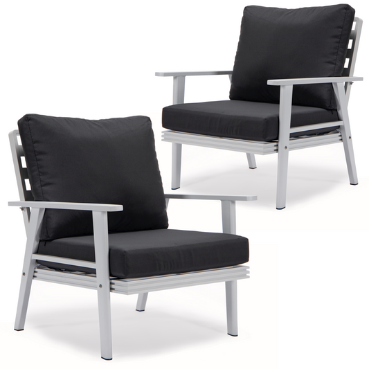 LeisureMod Walbrooke Outdoor Patio White Aluminum Armchairs With Cushions Set Of 2 | Outdoor Chairs | Modishstore