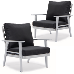 LeisureMod Walbrooke Outdoor Patio White Aluminum Armchairs With Cushions Set Of 2