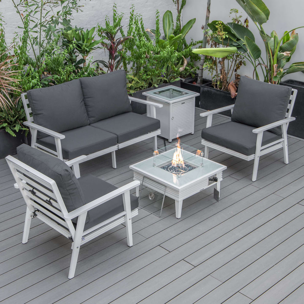 LeisureMod Walbrooke Modern White Patio Conversation With Square Fire Pit With Slats Design & Tank Holder | Outdoor Sofas, Loveseats & Sectionals | Modishstore - 3